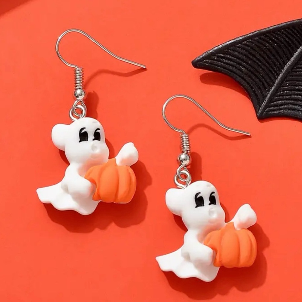 Friendly Ghost Holding Pumpkin Halloween Holiday Earrings - Picture 4 of 7